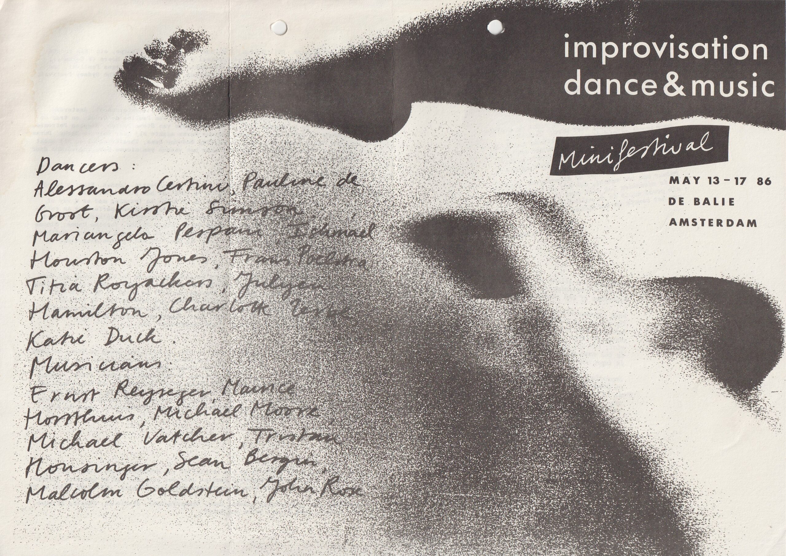 Mini Festival Improvisatie Dans en Muziek, De Balie, mei 1986 - voorkant programma.
